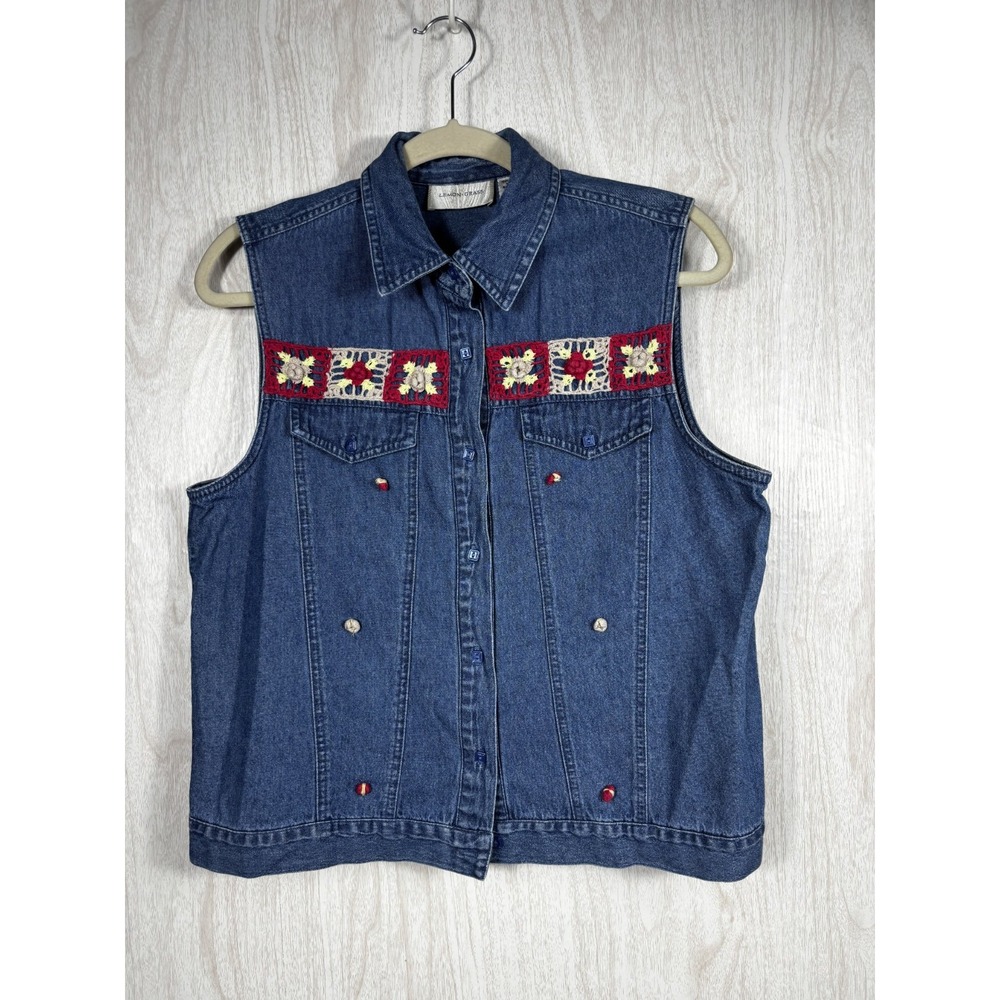 Lemon Grass Denim Vest Womens M Embroidered Patchwork Boho Festival Western Chic - Picture 2 of 8